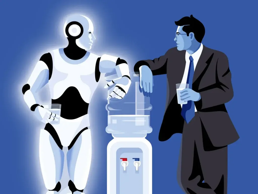 Illustration of a humanoid robot and a businessman standing on either side of a water cooler, each holding a cup, facing one another in conversation.