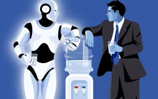 Illustration of a humanoid robot and a businessman standing on either side of a water cooler, each holding a cup, facing one another in conversation.