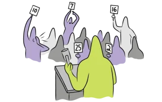 Illustration of an auctioneer at a podium holding a gavel, facing a crowd of bidders who are raising numbered paddles (10, 7, 16, 25, 2) to place competing bids.